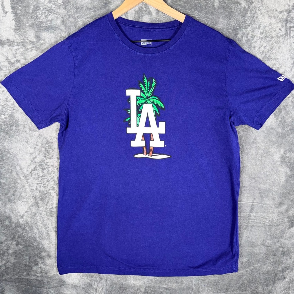 Los Angeles Dodgers New Era Mens T-Shirt Size L Blue Graphic Palm‎ Tree MLB